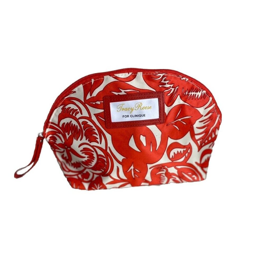 New Tracy Reese for Clinique Red Cream Floral Leaf Print Makeup Cosmetic Bag